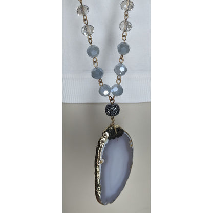 Boho Agate Geode Glass Gray Gold Pendant Necklace 32 Inch
