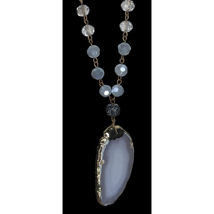 Boho Agate Geode Glass Gray Gold Pendant Necklace 32 Inch
