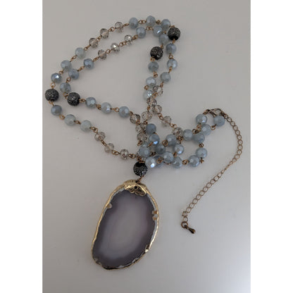 Boho Agate Geode Glass Gray Gold Pendant Necklace 32 Inch