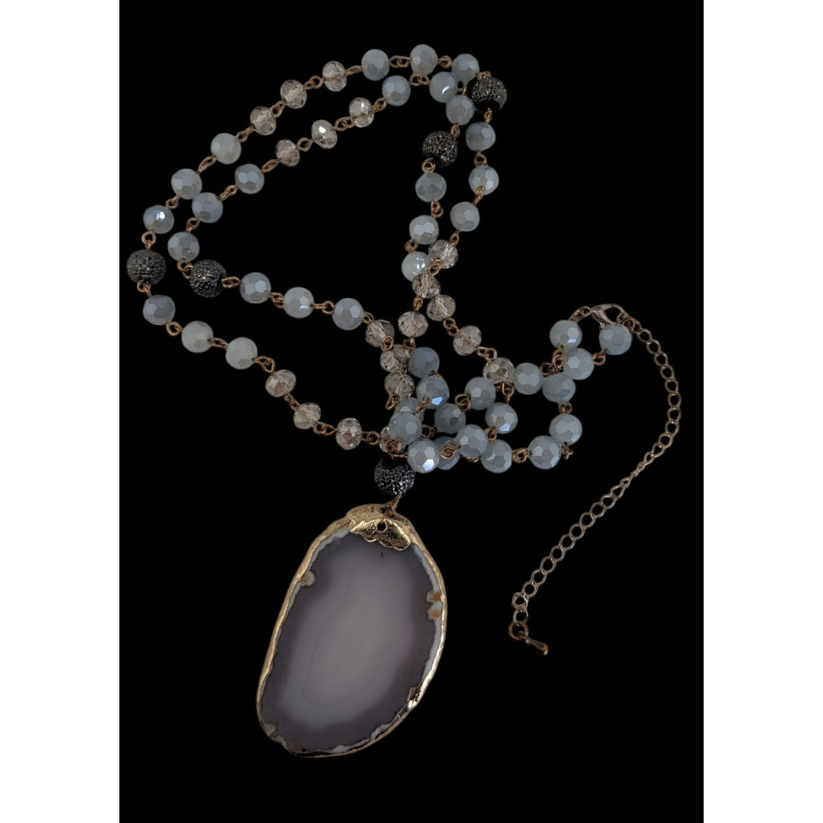 Boho Agate Geode Glass Gray Gold Pendant Necklace 32 Inch