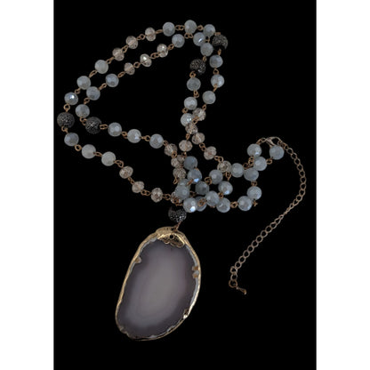 Boho Agate Geode Glass Gray Gold Pendant Necklace 32 Inch