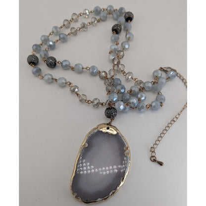 Boho Agate Geode Glass Gray Gold Pendant Necklace 32 Inch