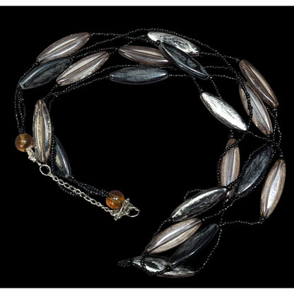 Modern Black Glass And Smoky Grey Beaded Layered Necklace