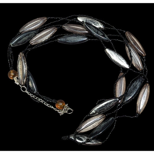 Modern Black Glass And Smoky Grey Beaded Layered Necklace