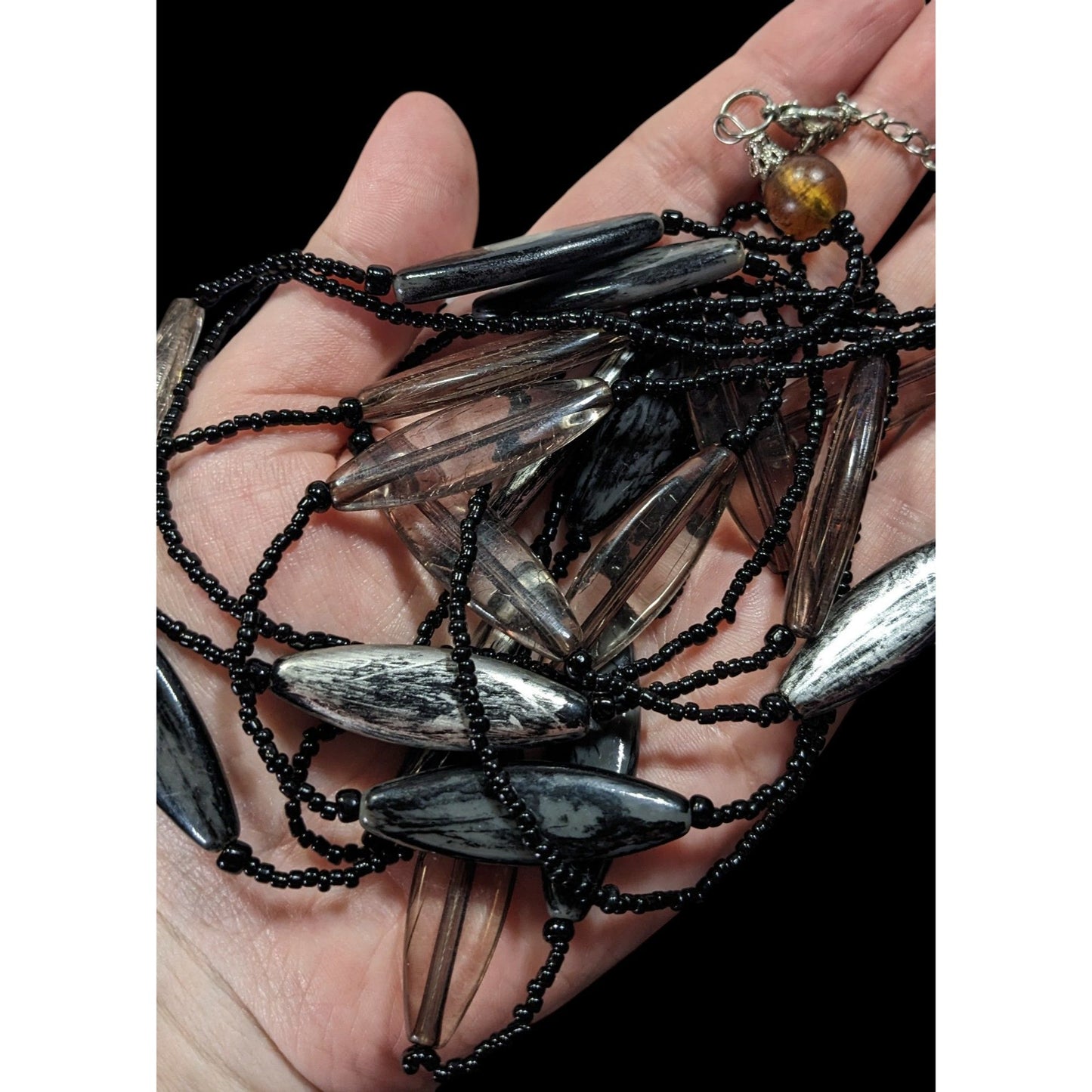 Modern Black Glass And Smoky Grey Beaded Layered Necklace