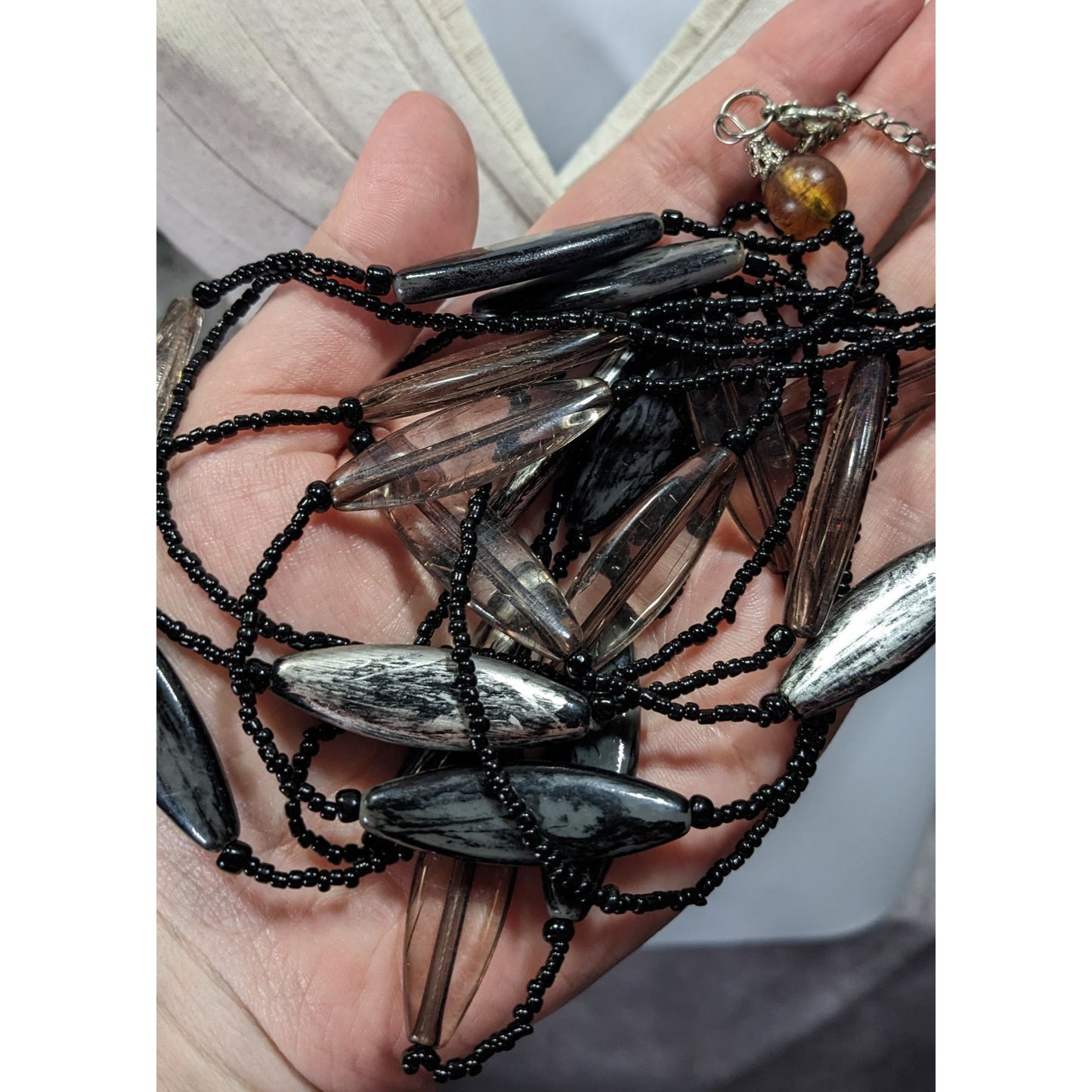 Modern Black Glass And Smoky Grey Beaded Layered Necklace