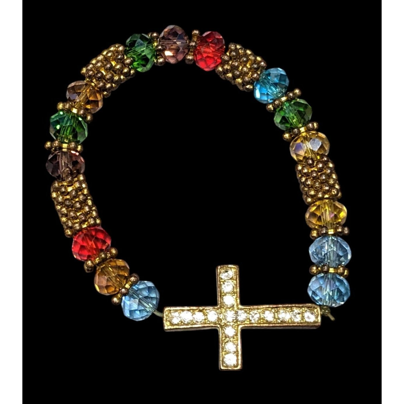 Jewel And Gold Tone Rhinestone Cross Beaded Stretch Bracelet