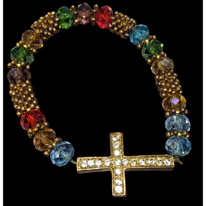 Jewel And Gold Tone Rhinestone Cross Beaded Stretch Bracelet