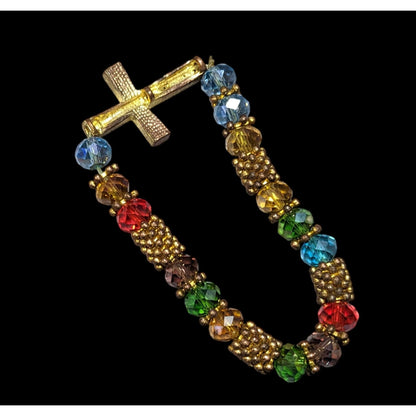 Jewel And Gold Tone Rhinestone Cross Beaded Stretch Bracelet