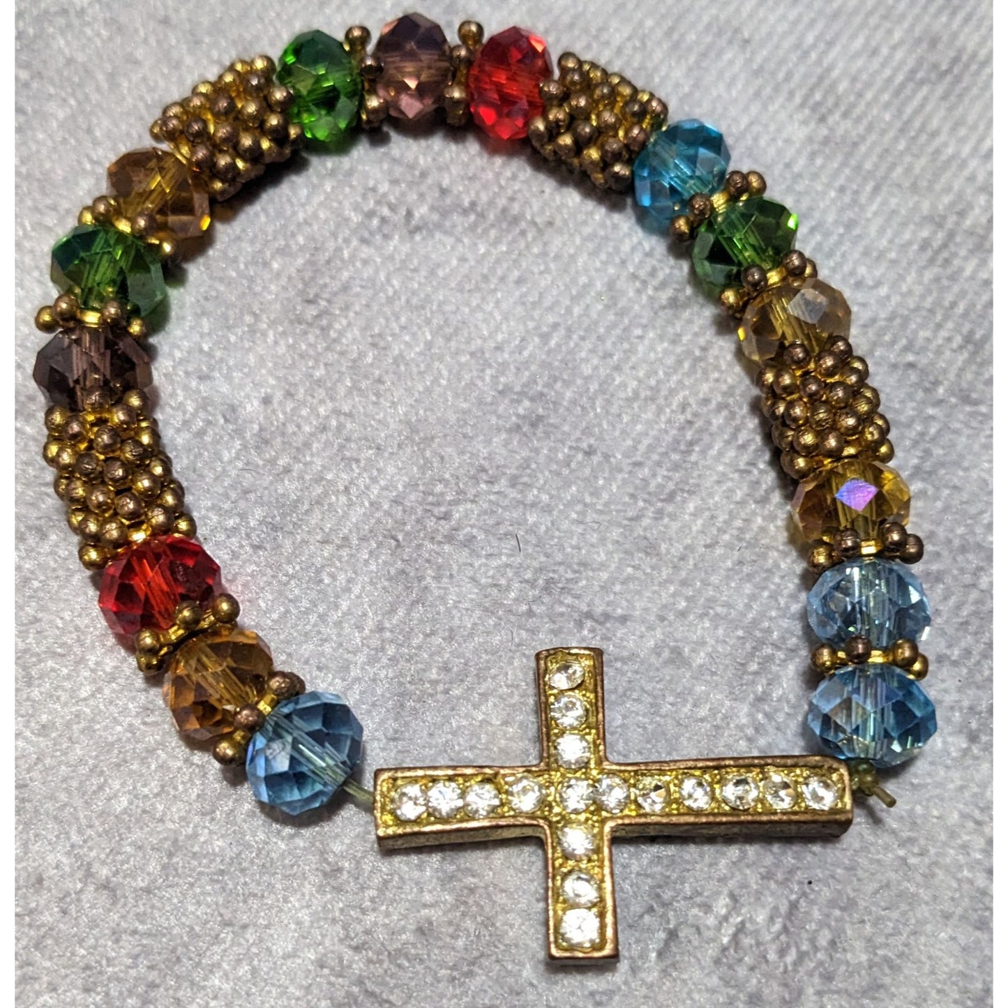 Jewel And Gold Tone Rhinestone Cross Beaded Stretch Bracelet