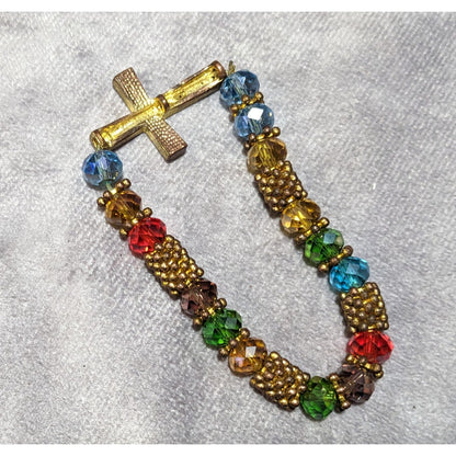 Jewel And Gold Tone Rhinestone Cross Beaded Stretch Bracelet