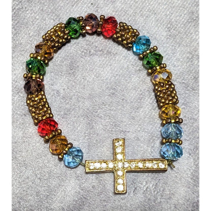 Jewel And Gold Tone Rhinestone Cross Beaded Stretch Bracelet