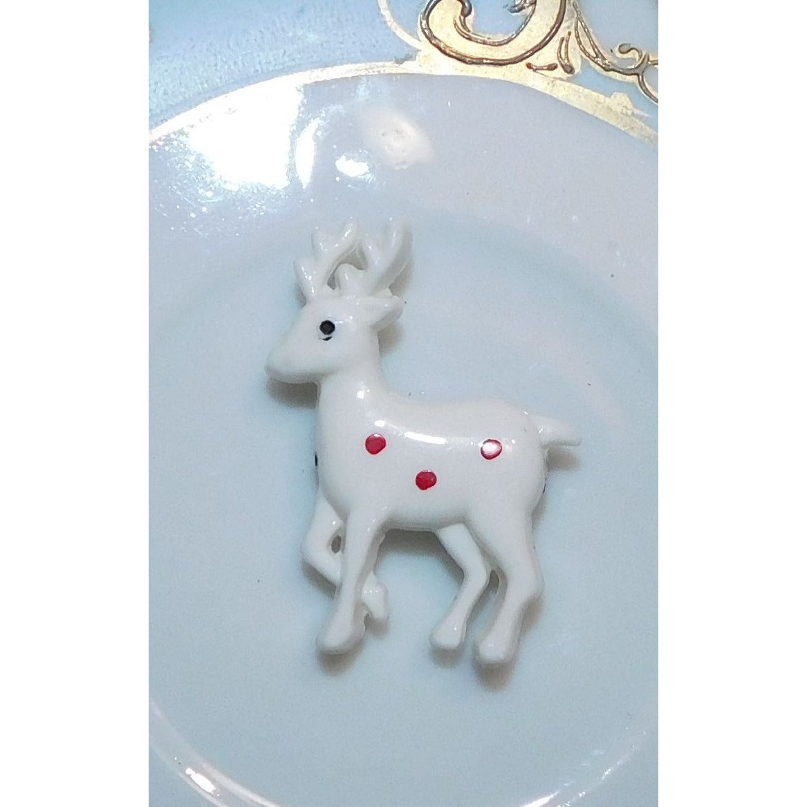 Vintage White Reindeer Brooch With Red Polka Dots