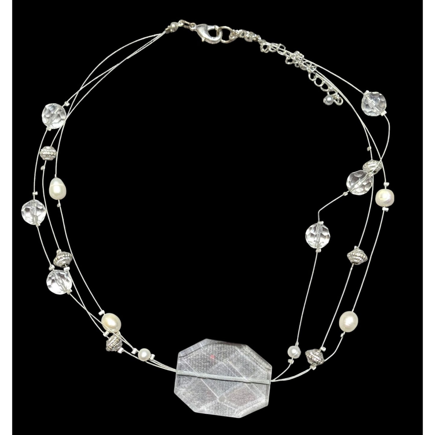 Whimsical White Clear And Silver Tone Floating Necklace