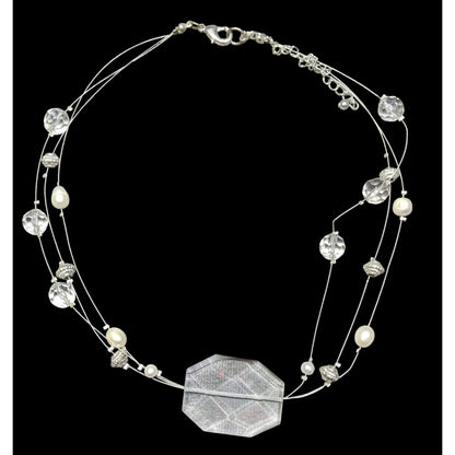 Whimsical White Clear And Silver Tone Floating Necklace
