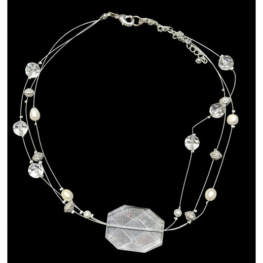 Whimsical White Clear And Silver Tone Floating Necklace