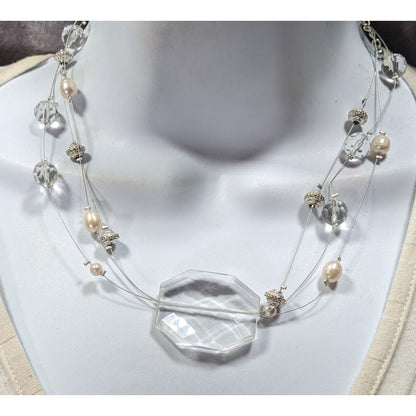 Whimsical White Clear And Silver Tone Floating Necklace