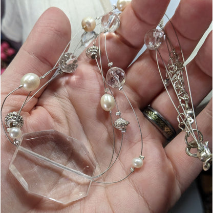 Whimsical White Clear And Silver Tone Floating Necklace
