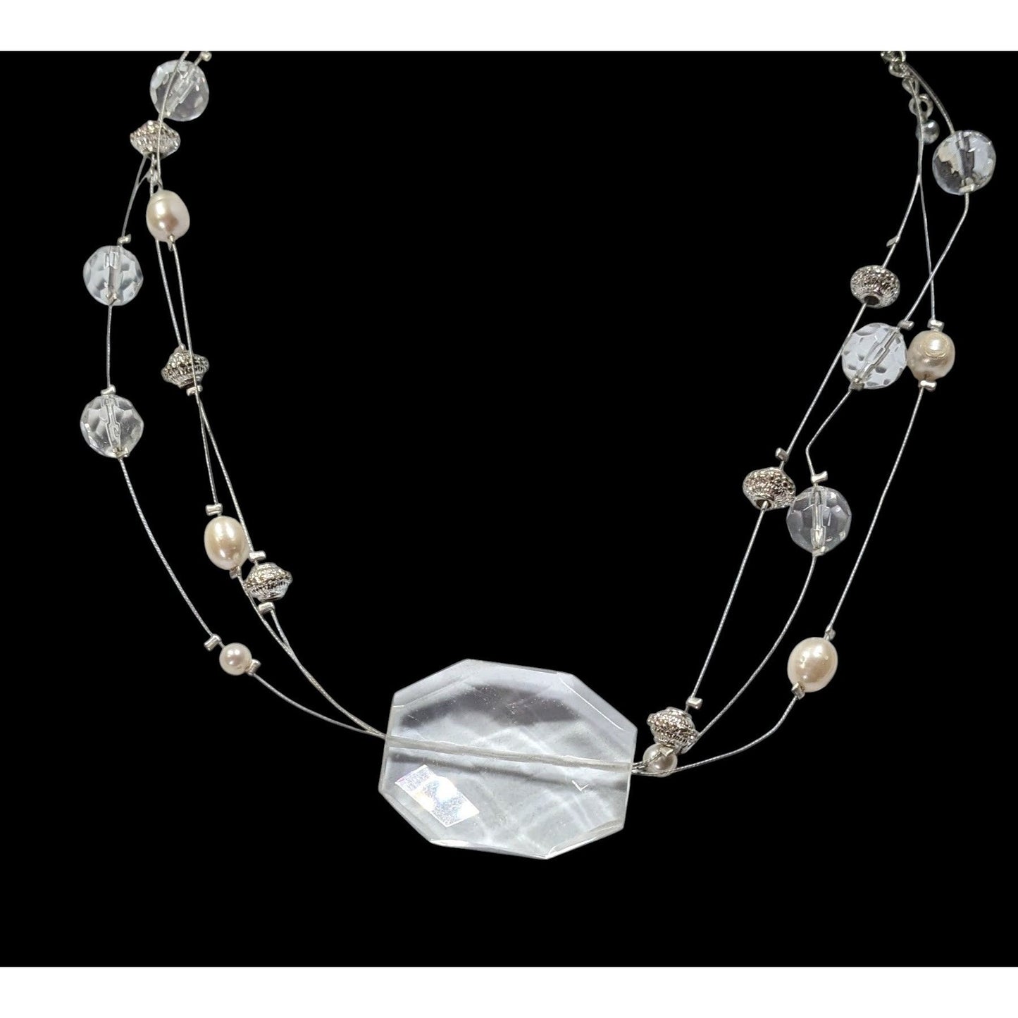 Whimsical White Clear And Silver Tone Floating Necklace