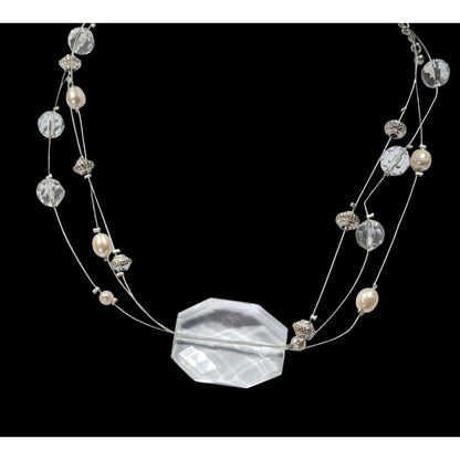 Whimsical White Clear And Silver Tone Floating Necklace