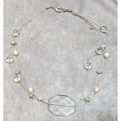 Whimsical White Clear And Silver Tone Floating Necklace