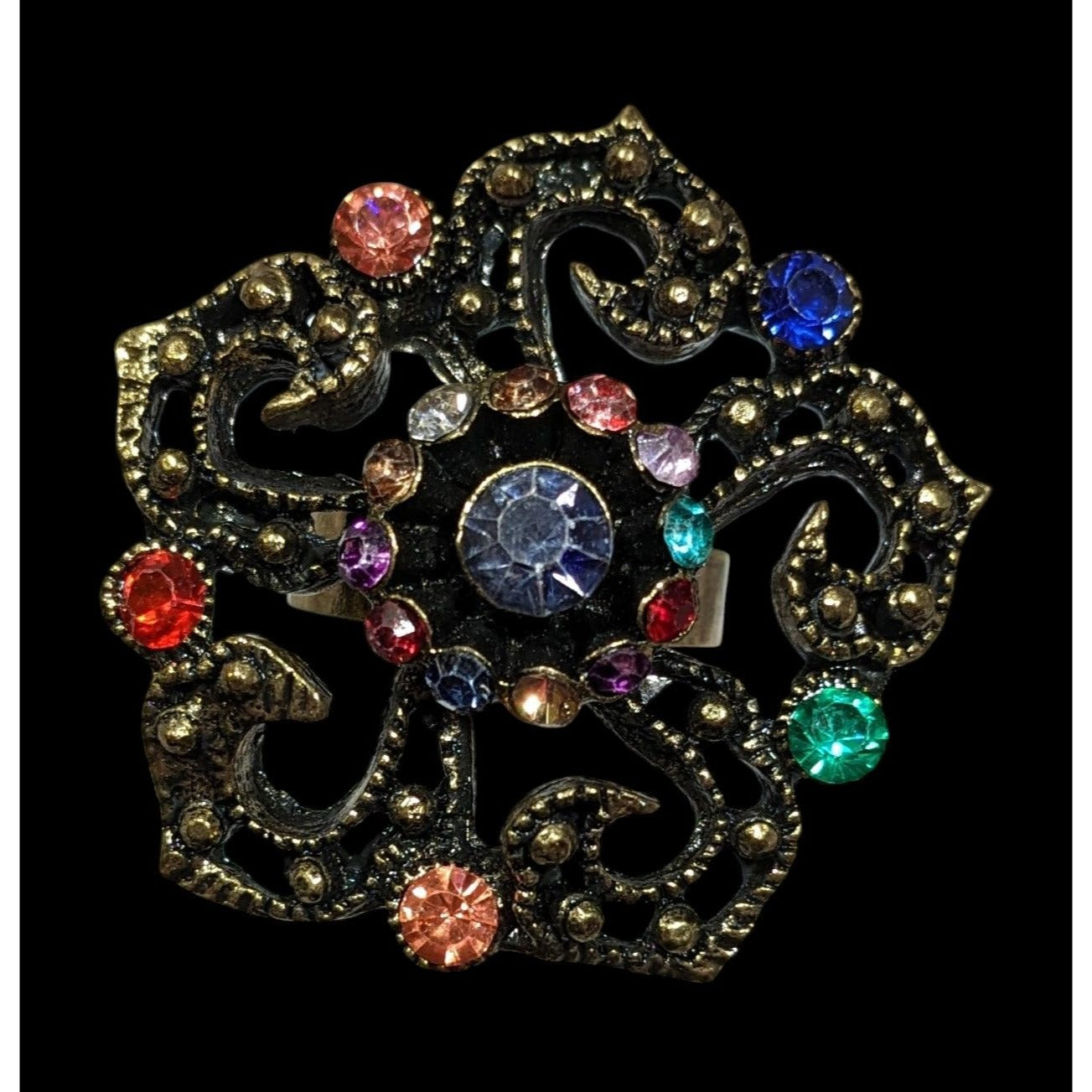 Floral Glam Stylized Rainbow Gem Gold Tone Ring