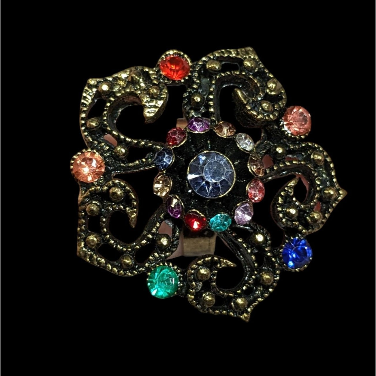 Floral Glam Stylized Rainbow Gem Gold Tone Ring