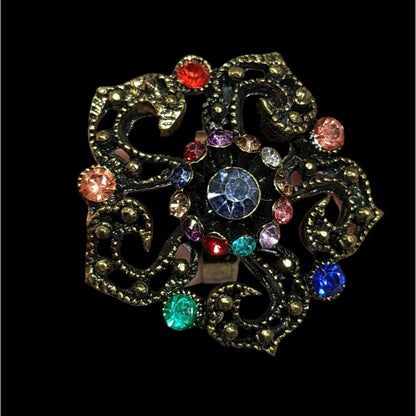 Floral Glam Stylized Rainbow Gem Gold Tone Ring