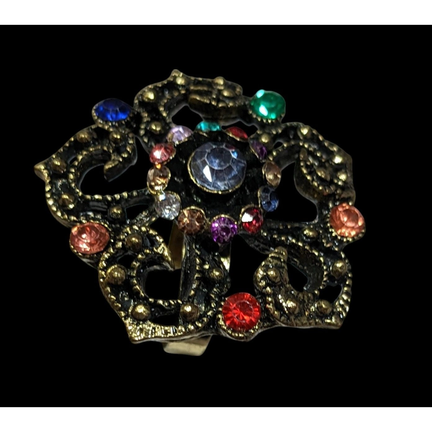 Floral Glam Stylized Rainbow Gem Gold Tone Ring