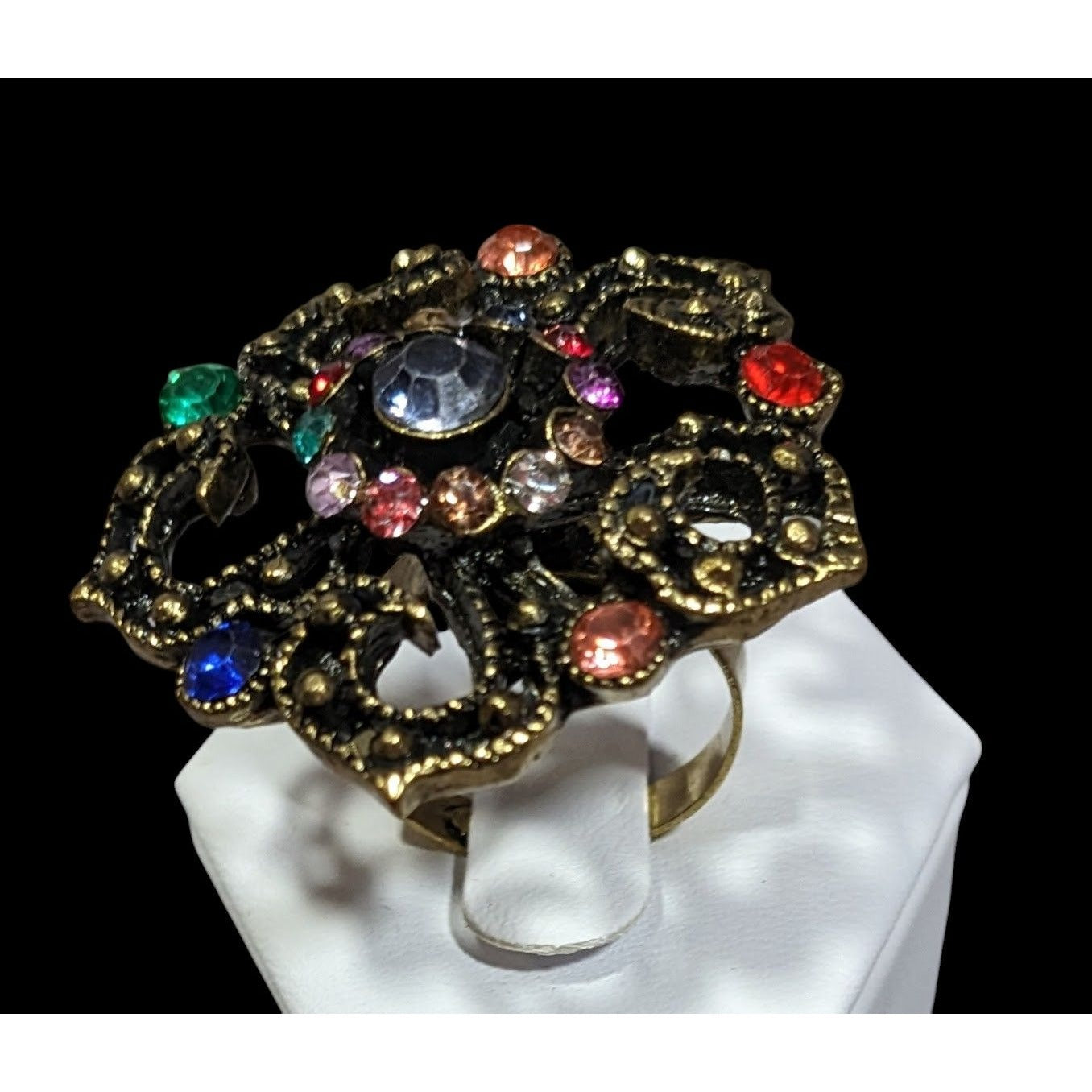 Floral Glam Stylized Rainbow Gem Gold Tone Ring