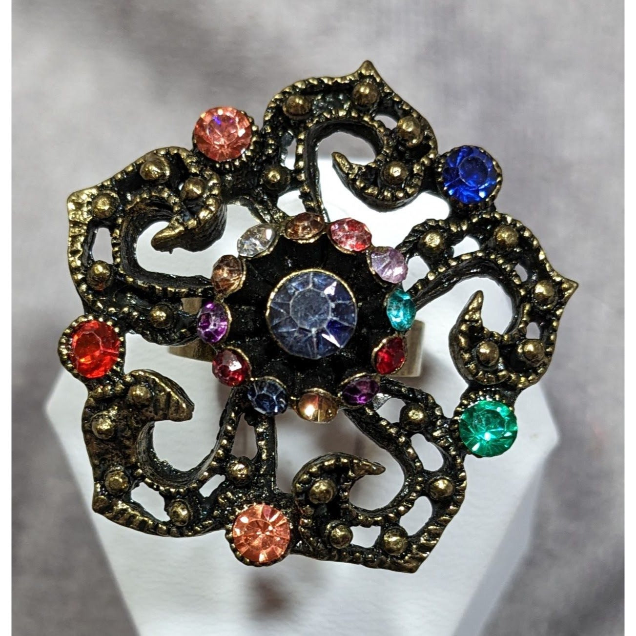 Floral Glam Stylized Rainbow Gem Gold Tone Ring