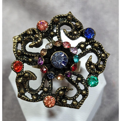 Floral Glam Stylized Rainbow Gem Gold Tone Ring