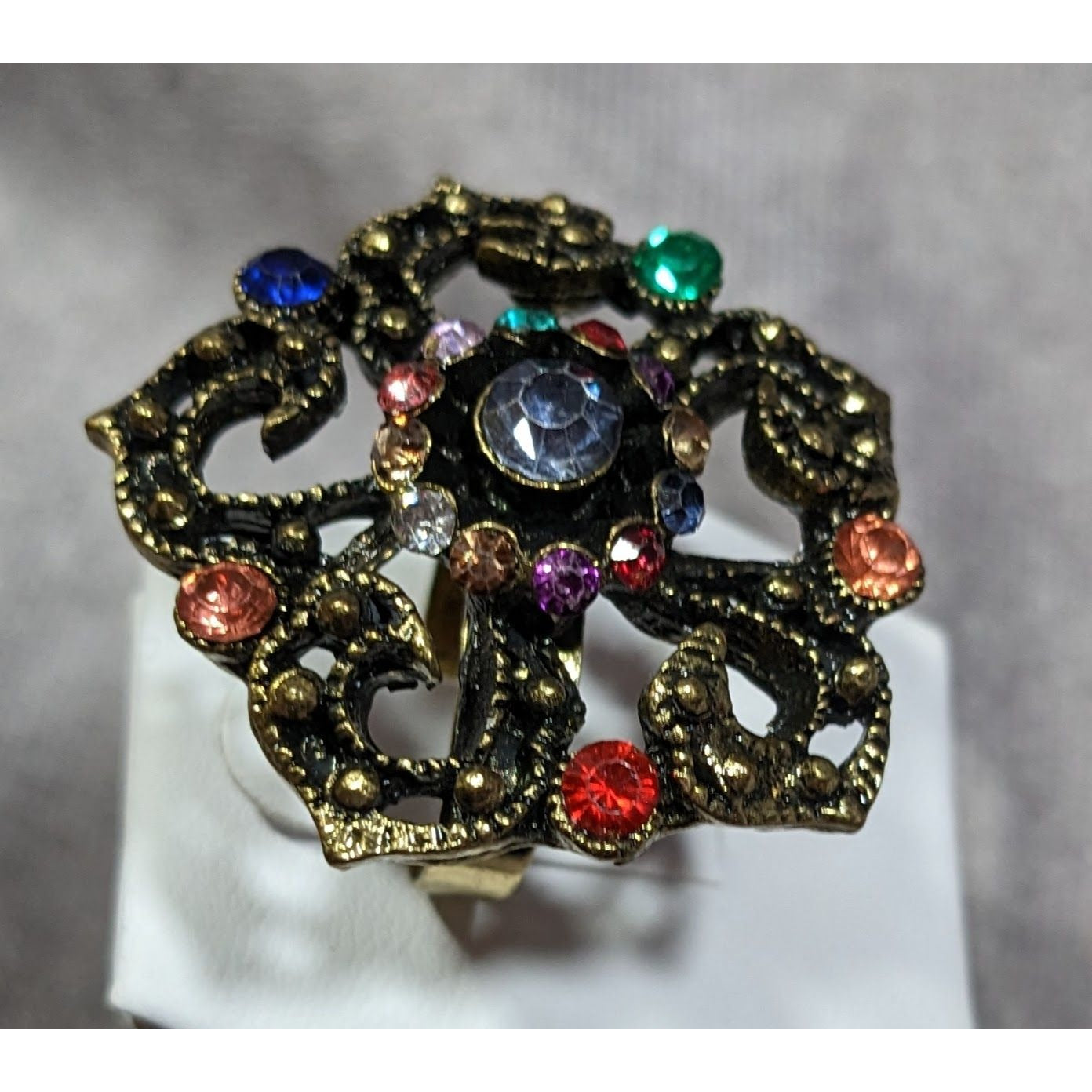 Floral Glam Stylized Rainbow Gem Gold Tone Ring