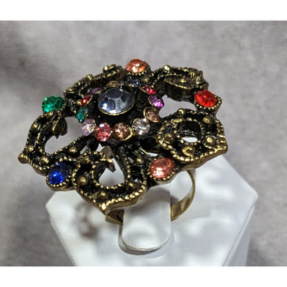 Floral Glam Stylized Rainbow Gem Gold Tone Ring