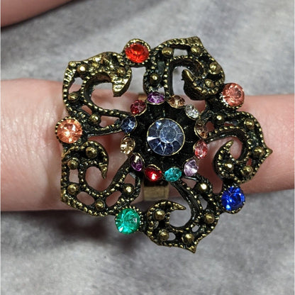 Floral Glam Stylized Rainbow Gem Gold Tone Ring