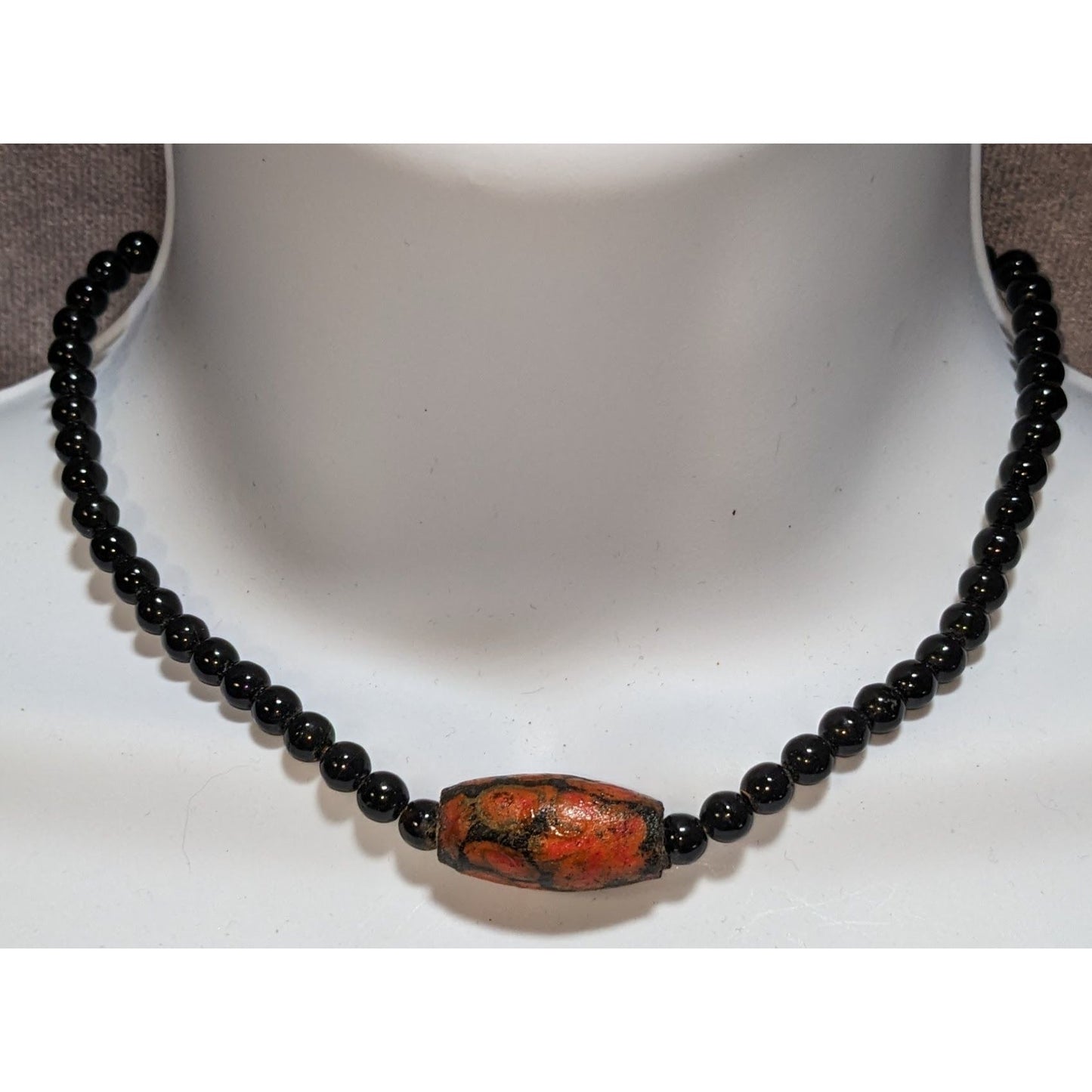 Vintage Artisan Floral Necklace With Black Beads