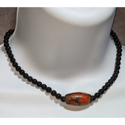 Vintage Artisan Floral Necklace With Black Beads
