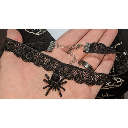 Black Lace Spider Choker Gothic Spider Pendant Necklace Goth Halloween Alt Jewelry
