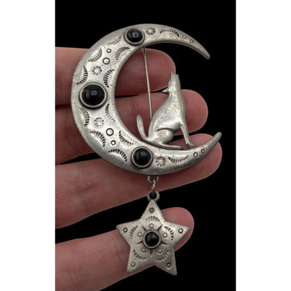 Vintage 1988 JJ Howling Wolf Moon Brooch Jonette Jewelry Silver Witchy Star Pin