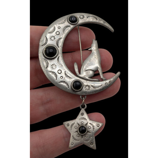 Vintage 1988 JJ Howling Wolf Moon Brooch Jonette Jewelry Silver Witchy Star Pin