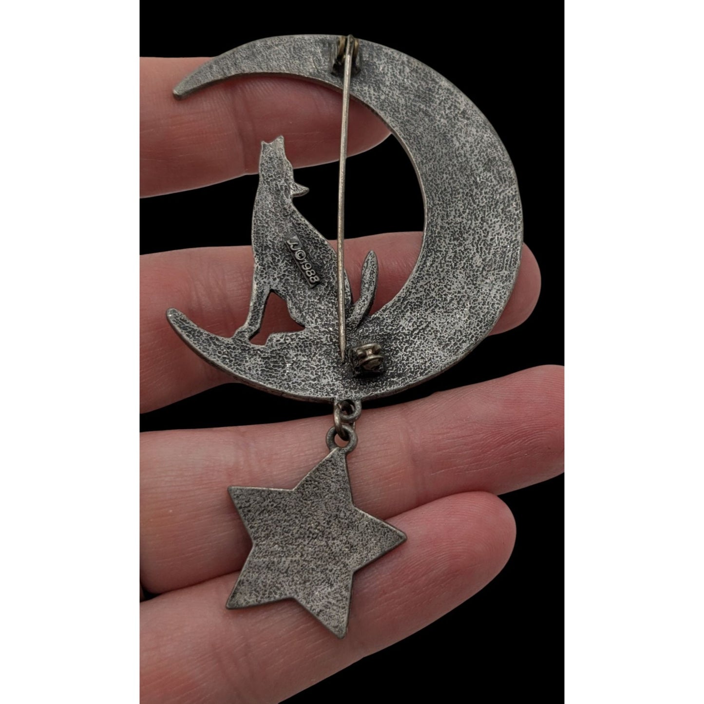 Vintage 1988 JJ Howling Wolf Moon Brooch Jonette Jewelry Silver Witchy Star Pin