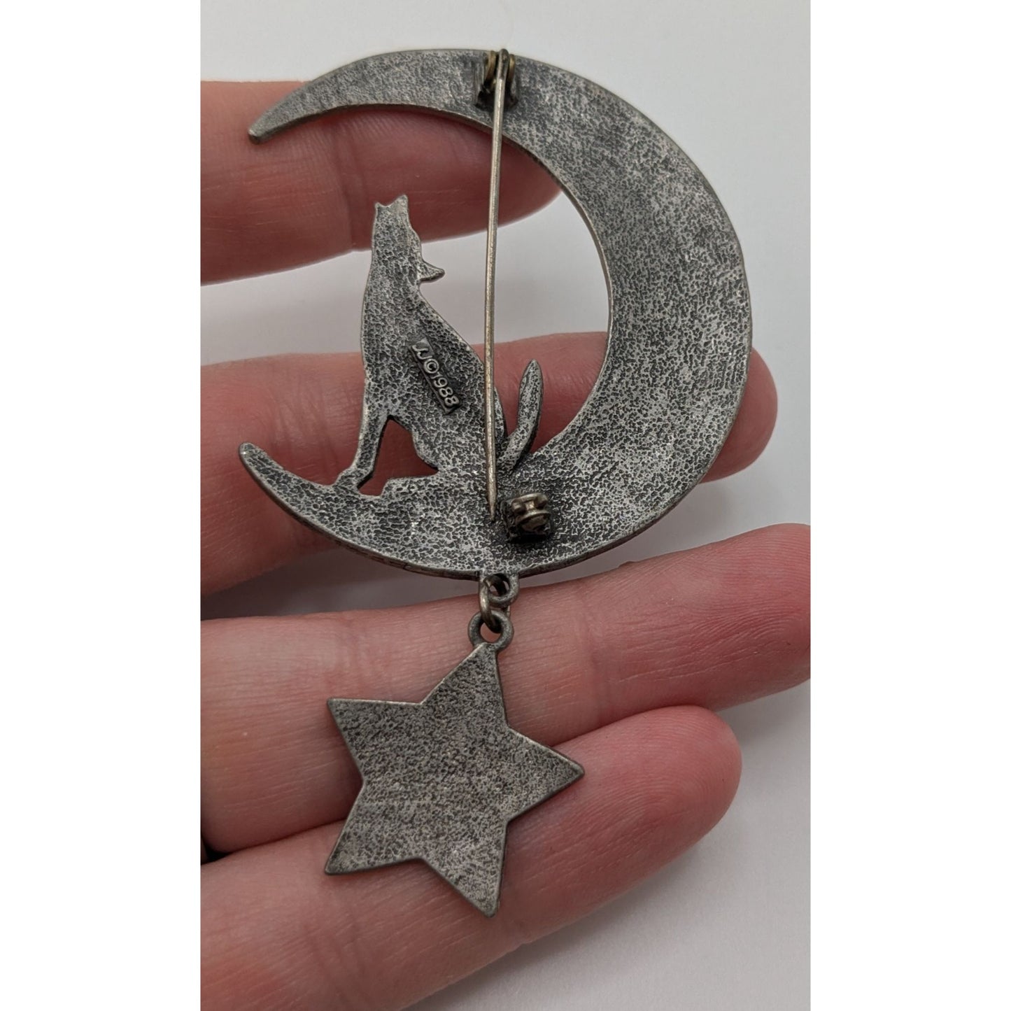 Vintage 1988 JJ Howling Wolf Moon Brooch Jonette Jewelry Silver Witchy Star Pin
