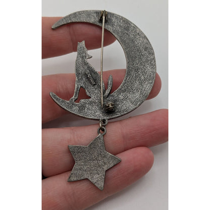 Vintage 1988 JJ Howling Wolf Moon Brooch Jonette Jewelry Silver Witchy Star Pin