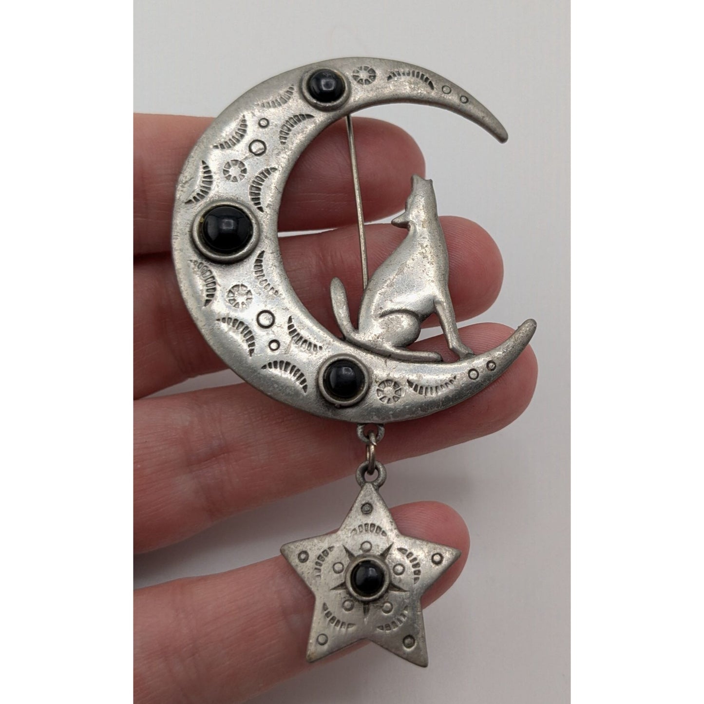 Vintage 1988 JJ Howling Wolf Moon Brooch Jonette Jewelry Silver Witchy Star Pin