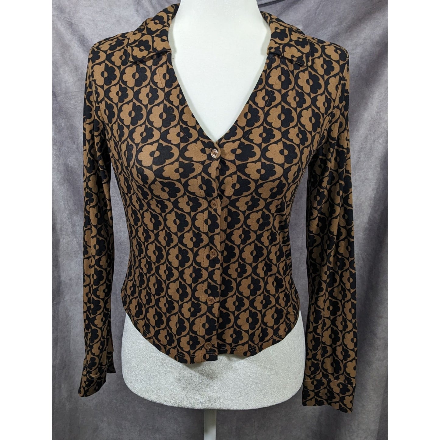 Retro Black And Brown Floral Button Down Top by No Boundaries