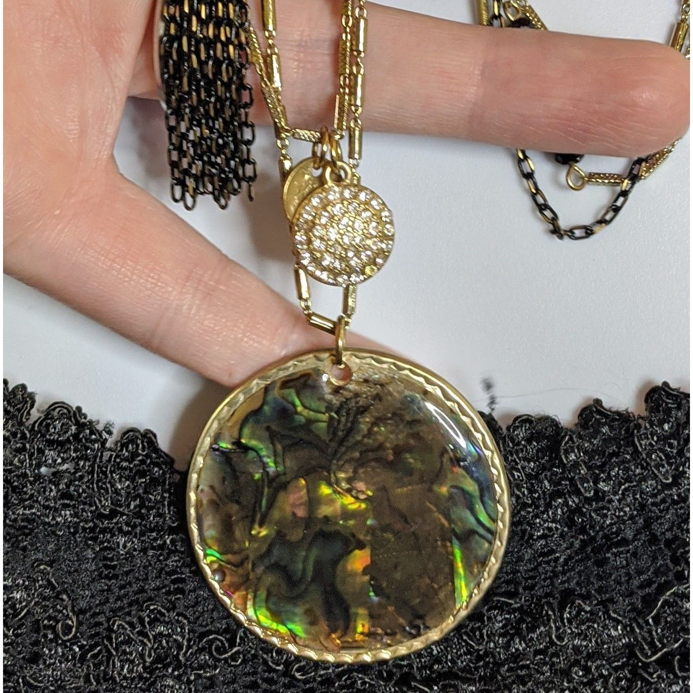 Sara Bella Mermaidcore Layered Gold-Tone Necklace With Abalone Pendant & Rhinestone Charm