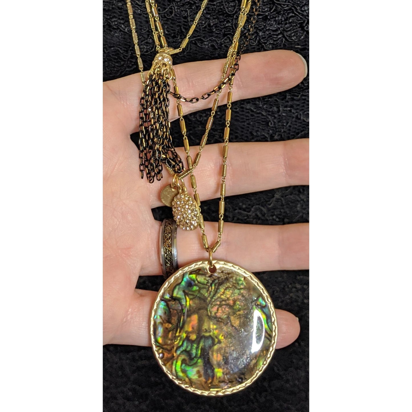 Sara Bella Mermaidcore Layered Gold-Tone Necklace With Abalone Pendant & Rhinestone Charm