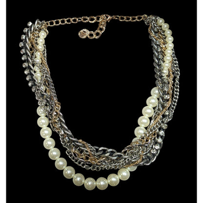 Vintage 80s Glam Multi-Metallic Chain Rhinestone And Pearl Torsade Necklace