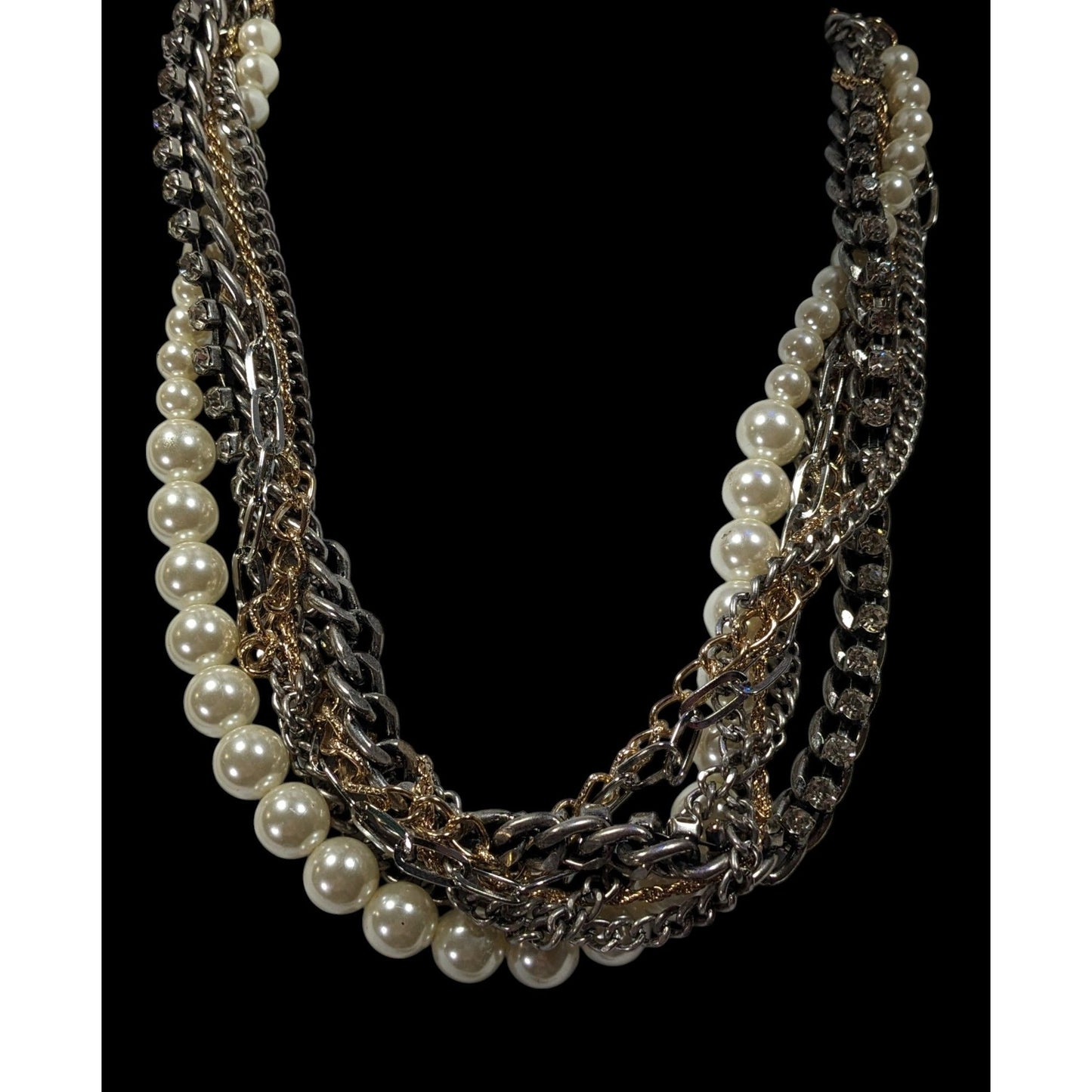 Vintage 80s Glam Multi-Metallic Chain Rhinestone And Pearl Torsade Necklace