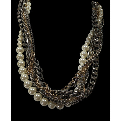 Vintage 80s Glam Multi-Metallic Chain Rhinestone And Pearl Torsade Necklace